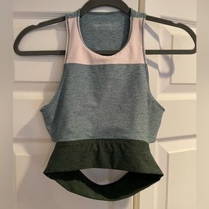 Outdoor Voices Colorblock Racerback Sports Bra in Blue, Pink, and Green
